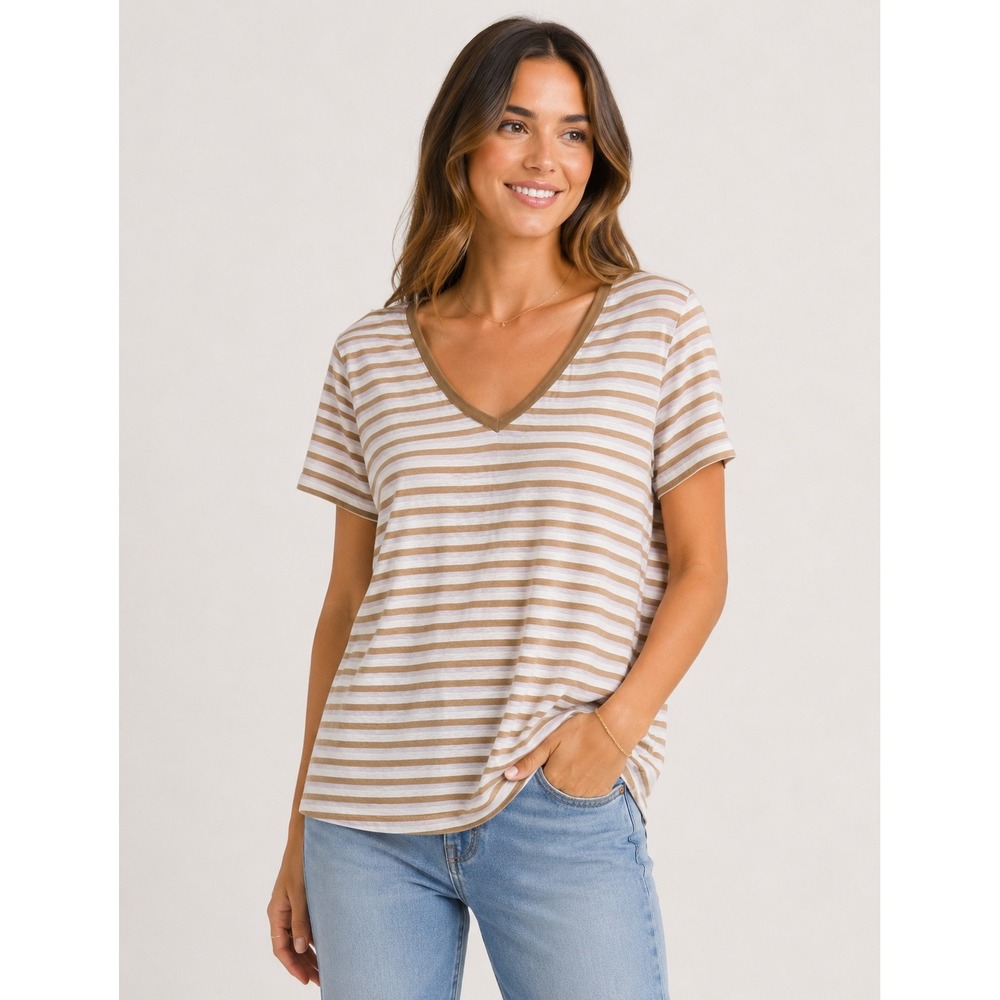 Pact Organic Cotton V-Neck Striped‎ T-Shirt Tan Lavender White Large